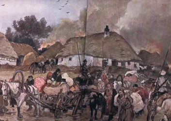 On the Way to Brest-Litowsk: Polish Refugees with Cossacks Following at the Rear, from The Illustrated History of the World War 1914-1915